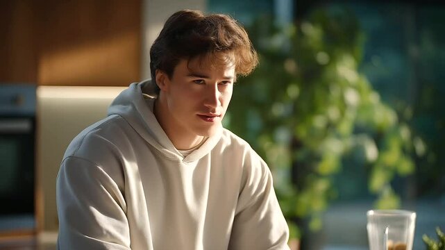 A young man's reaction to a blender mishap in the kitchen