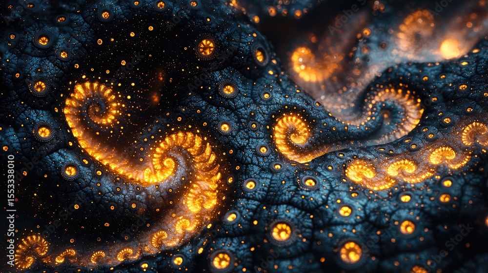 Poster intricate, glowing spiral patterns on a textured surface.