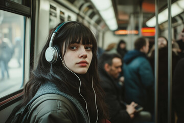Young woman with dark hair and bangs wearing headphones, sitting on a crowded bus, looking out the window with a serious expression.
