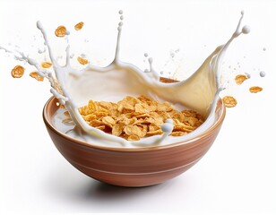 a bowl of breakfast cereal with a milk splash on an isolated background