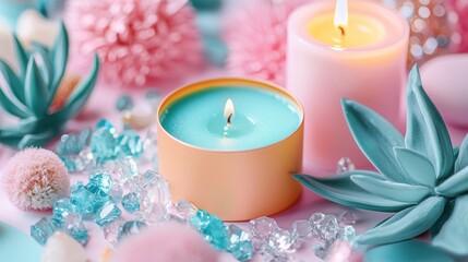Colorful Candles and Succulents with Decorative Elements on Tabletop