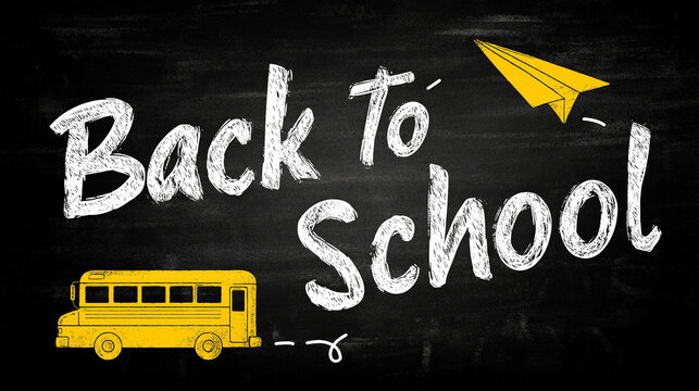 Chalk Drawn Back to School Text with Yellow School Bus and Paper Airplane on Blackboard, Education Concept for School Campaigns and Promotions