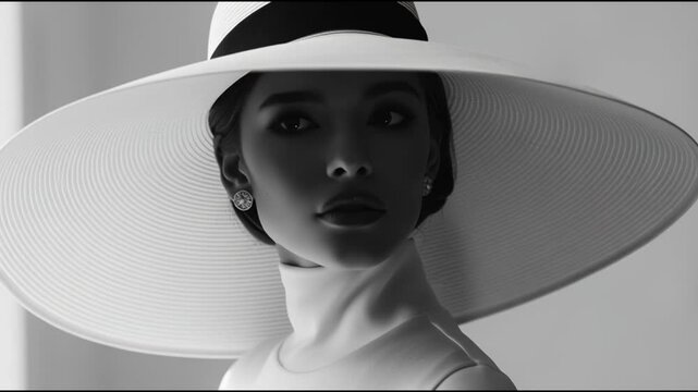 Elegant woman in large hat poses gracefully in black and white in a stylish indoor setting
