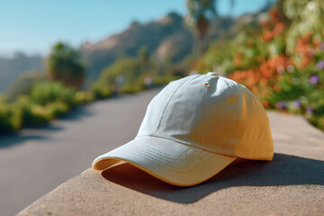 White baseball cap placed on stone ledge with blurred outdoor background and natural sunlight