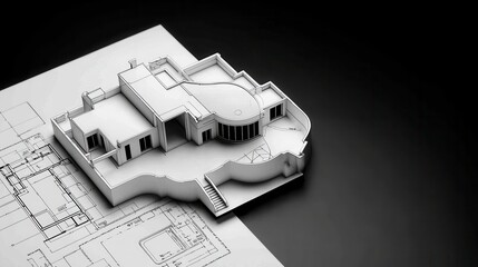 White Architectural Model Next to Blueprint