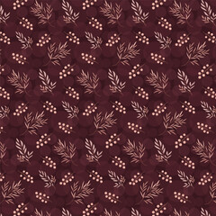 Pattern of twigs and berries on a burgundy background