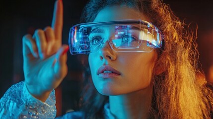 Young Woman with Futuristic Glasses Touching Virtual Screen