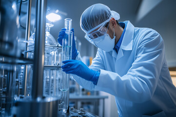 Scientist in protective gear conducts experiments with glassware in a modern laboratory setting.