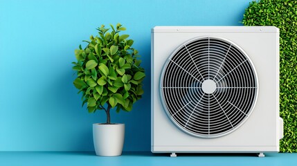 White Outdoor Unit Green Potted Plant Blue Textured Wall Modern Home Appliance System