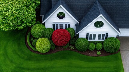 White Suburban House with Red Flowering Bush and Lush Green Landscaping