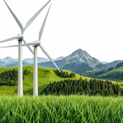 White Wind Turbines on Green Hillside with Mountain View
