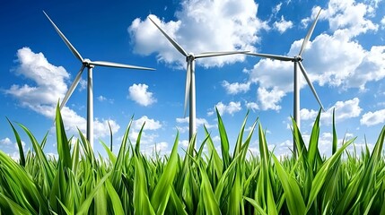Wind Turbines in Green Field Under Blue Sky and Fluffy Clouds