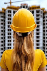 Woman in Yellow Hard Hat Observing Construction Site