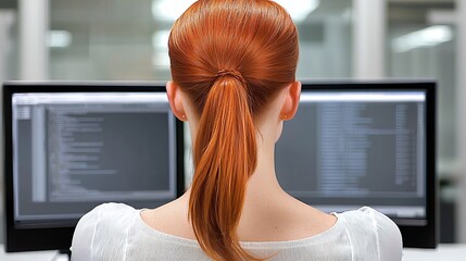 Woman with Red Hair Codes at Computer Monitors in Office