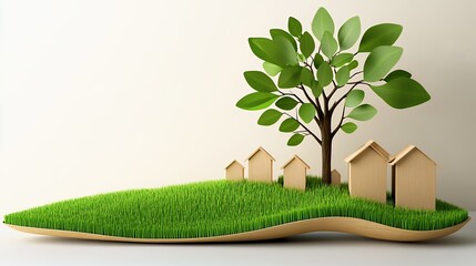 Wooden Houses on Green Island with Tree