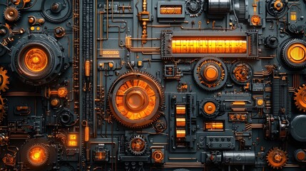 Intricate steampunk mechanical panel with glowing components.