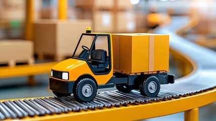 Yellow Automated Guided Vehicle Transporting Package on Conveyor Belt