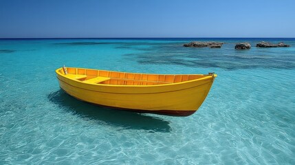 Naklejka premium Yellow boat floats on serene turquoise water clear blue sky inviting peaceful sea summer vacation
