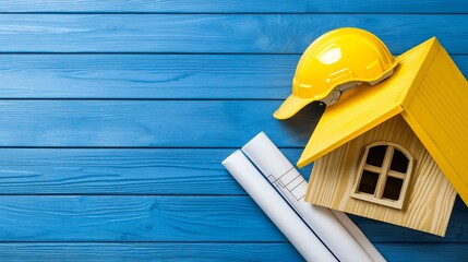 Yellow Hard Hat and Wooden House Model on Blue Wood Background