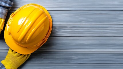 Yellow Hard Hat and Work Gloves on Gray Wood