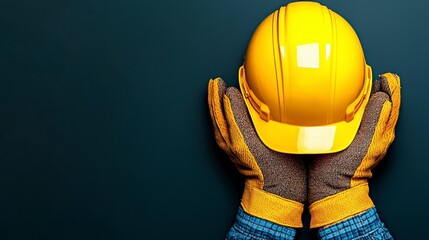 Yellow Hard Hat Held in Work Gloves Against Dark Background