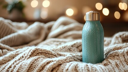 Stylish Blue Thermos Bottle on Cozy Beige Knit Blanket