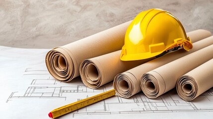 Yellow Hard Hat on Rolled Blueprints and Ruler