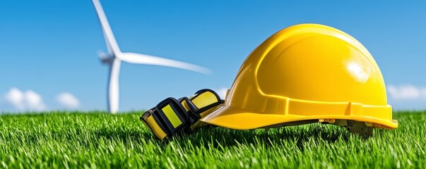 Yellow Hard Hat in Green Grass with Wind Turbine Background