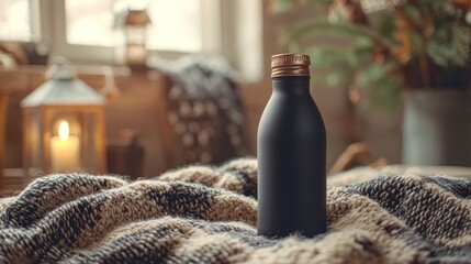 Minimalistic Black Bottle on Cozy Blanket with Soft Lighting