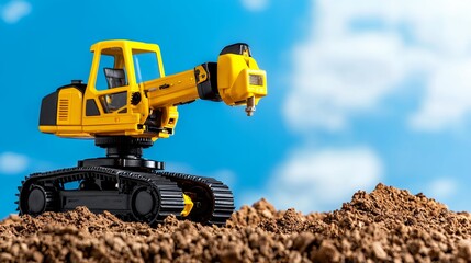 Yellow Toy Excavator on Brown Soil Against Blue Sky