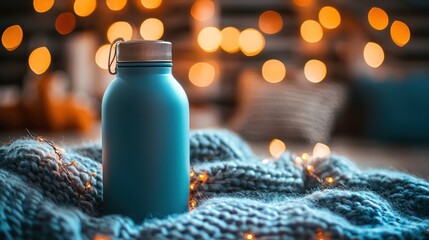 Blue Water Bottle with Soft Bokeh Lights and Cozy Blanket Background