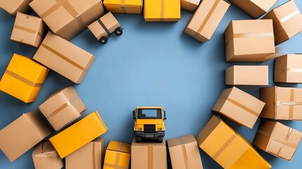Yellow Toy Truck Surrounded by Cardboard Boxes on Blue Background