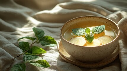 Refreshing Mint and Ginger Drink in Natural Light on Soft Fabric