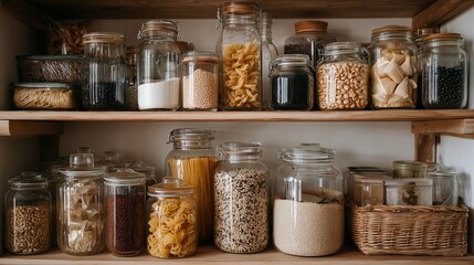 Organized pantry shelves displaying various food items and storage jars in a home kitchen setting