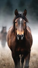 Fototapeta premium Wild horses in misty landscape during early morning light with a calm atmosphere and soft colors