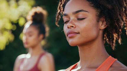 Close-up of a yoga teacher demonstrating a pose to a student.
