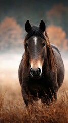 Fototapeta premium Brown horse standing in a field during autumn morning with mist and golden foliage