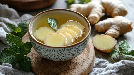 Fresh Ginger Tea with Mint Leaves and Sliced Ginger Root