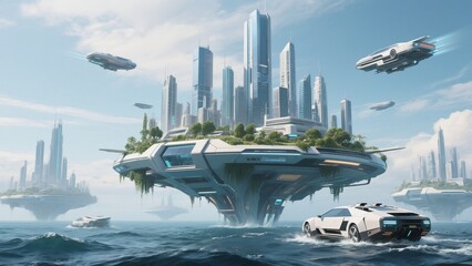 A futuristic city floats above the ocean, with towering skyscrapers and flying cars.