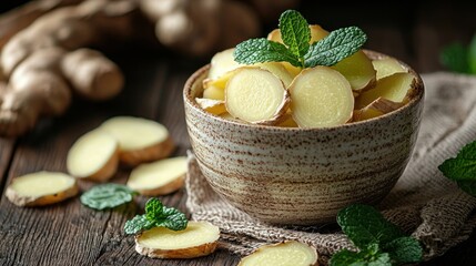 Fresh Ginger Slices in Bowl with Mint Leaves on Rustic Wood Table
