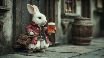 Festive rabbit enjoys craft beer at Oktoberfest celebration in a charming village