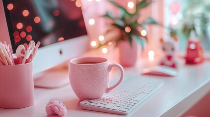 Cozy Pink Workspace with Cup and Decorative Elements