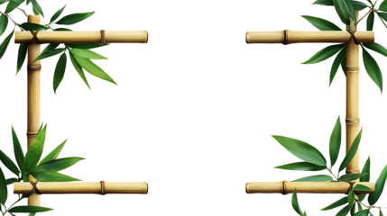 Bamboos frame, A bamboo frame with bamboo leaves , Empty horizontal bamboo frame natural elegance ,   Isolated on white background, clipping path included, transparent png.