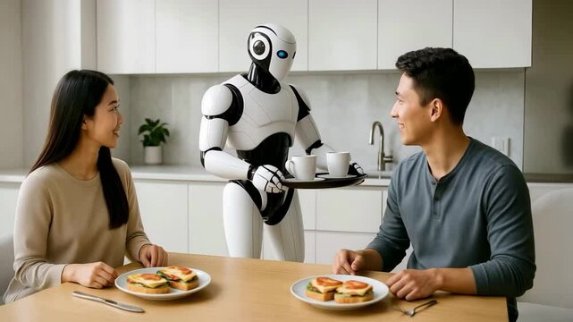 Robots in everyday life. Domestic humanoid robot brings coffee to owners on a tray. 
