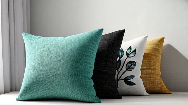 Row of decorative pillows in various colors textures and patterns against a neutral background