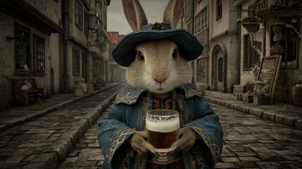 Cheers to Oktoberfest with a dressed-up rabbit in a quaint street setting