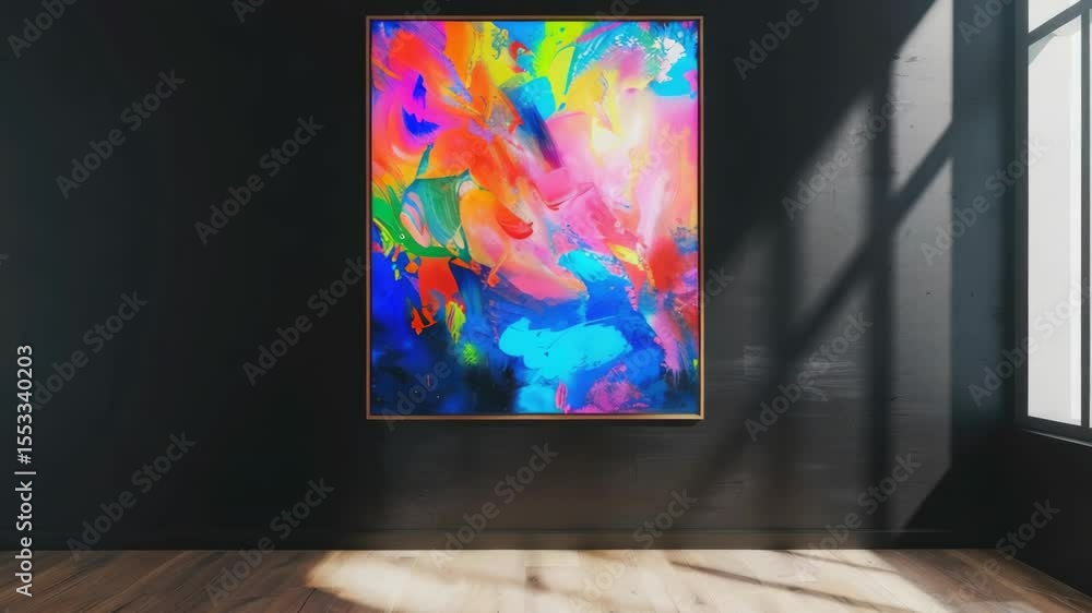 Poster brightly colored painting on canvas, creating an atmospheric and dynamic focal point in the room.