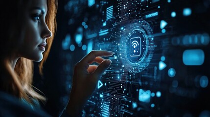 Woman Interacting with Futuristic Digital Interface Technology