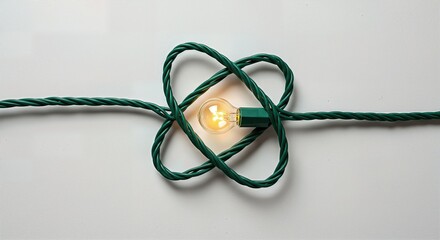 A single glowing Christmas light bulb with its green wire tied in a Celtic-style knot, symbolizing connection, unity, and the science or core of the holiday season on a white background.
