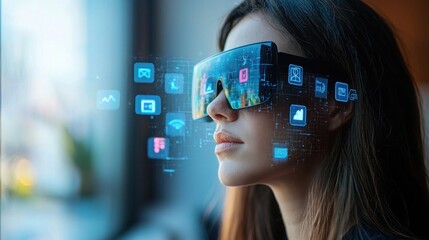 Young Woman Wearing Smart Glasses with Digital Interface Elements